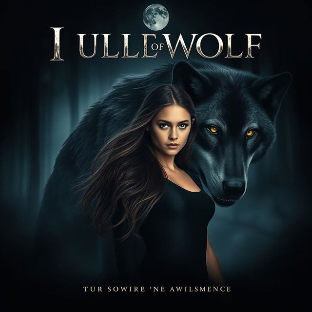 A dramatic movie poster featuring a young woman with long flowing hair, standing confidently next to a large black and grey werewolf