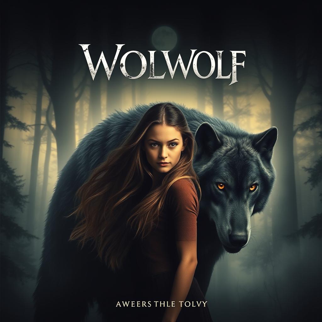 A dramatic movie poster featuring a young woman with long flowing hair, standing confidently next to a large black and grey werewolf