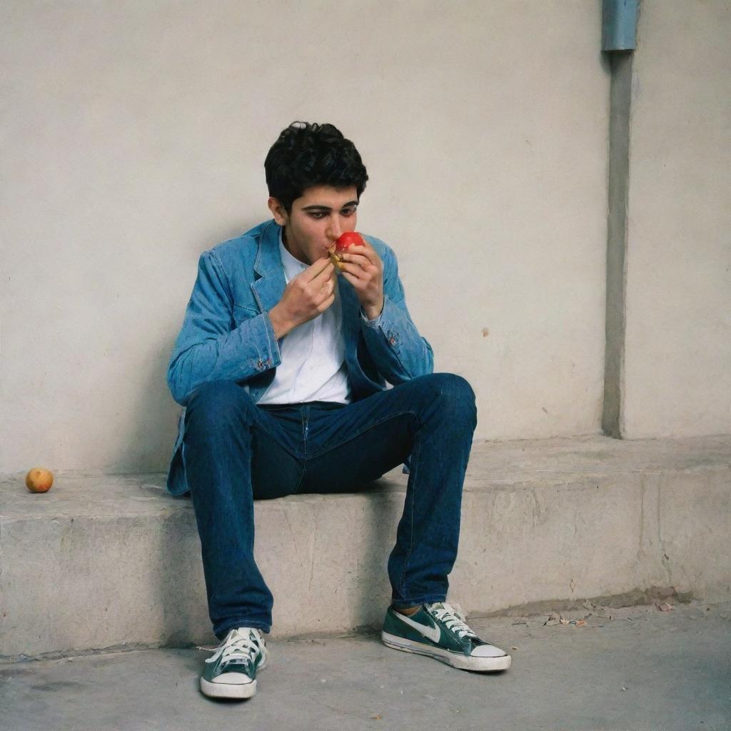 An Iranian teenager eating an apple and kicking a cigarette