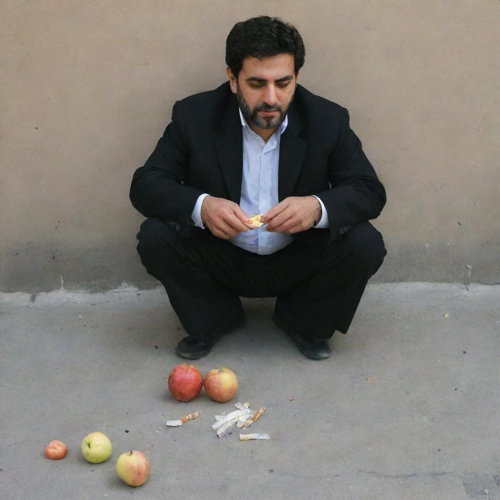 An Iranian individual standing, eating an apple in hand, stomping on scattered cigarettes beneath their feet.