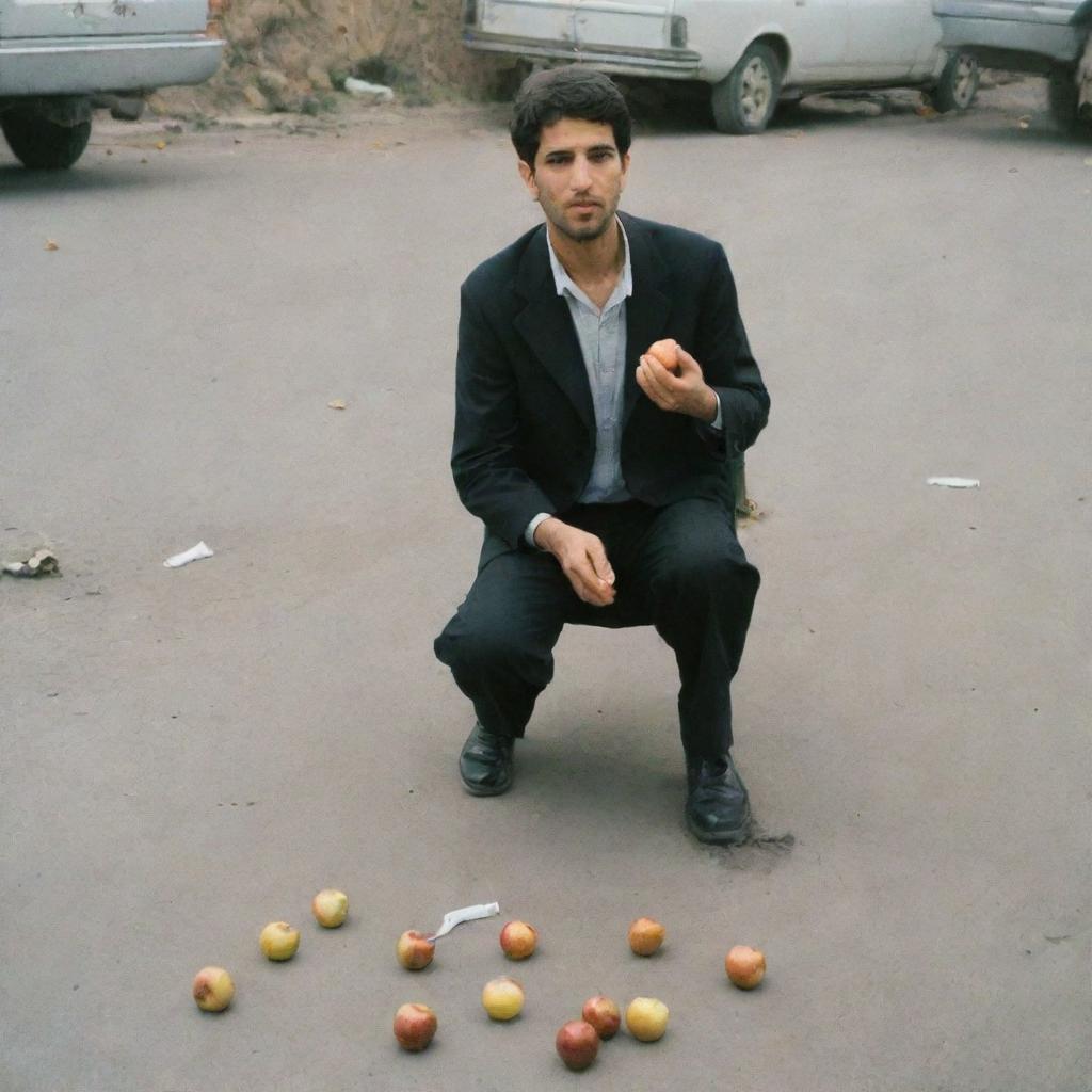 An Iranian individual standing, eating an apple in hand, stomping on scattered cigarettes beneath their feet.