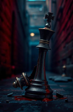 A rook chess piece shattered at the base with intricate details, showcasing blood splatter running down one side, creating a dramatic and haunting effect