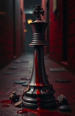 A rook chess piece shattered at the base with intricate details, showcasing blood splatter running down one side, creating a dramatic and haunting effect