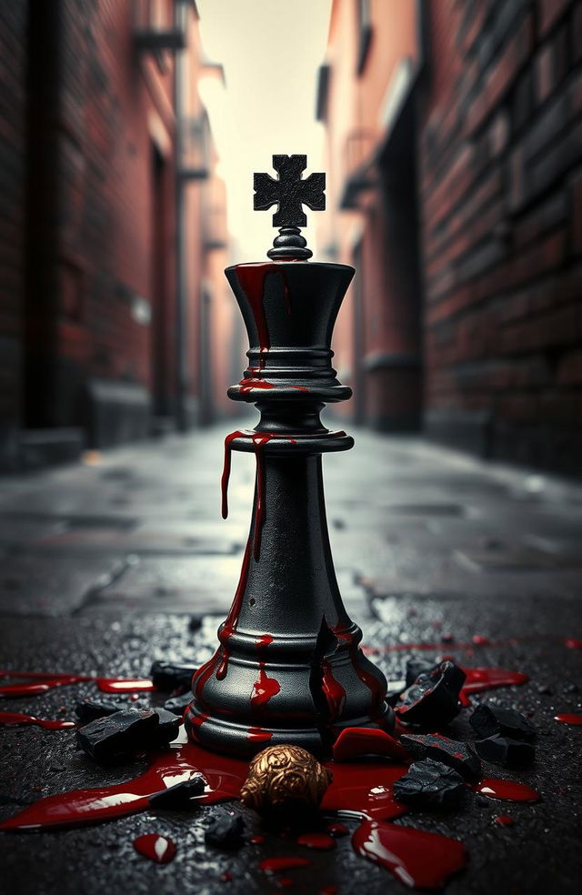 A rook chess piece shattered at the base with intricate details, showcasing blood splatter running down one side, creating a dramatic and haunting effect