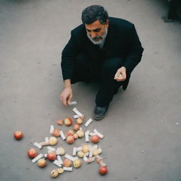 An Iranian individual standing, eating an apple in hand, stomping on scattered cigarettes beneath their feet.