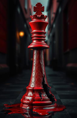 A rook chess piece shattered at the base with intricate details, showcasing blood splatter running down one side, creating a dramatic and haunting effect
