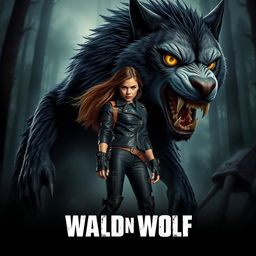 A dynamic movie poster featuring a fierce-looking girl standing confidently next to a large, aggressive black and grey werewolf