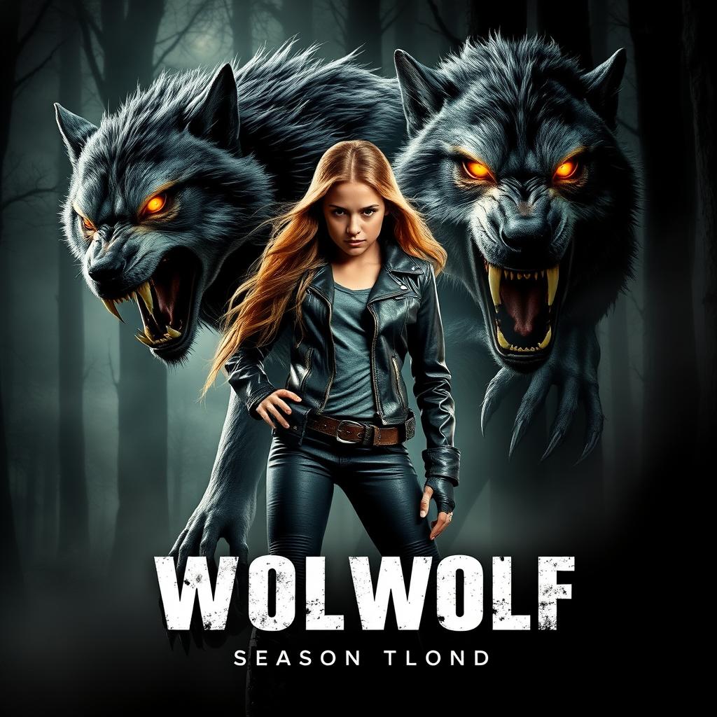 A dynamic movie poster featuring a fierce-looking girl standing confidently next to a large, aggressive black and grey werewolf