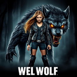 A dynamic movie poster featuring a fierce-looking girl standing confidently next to a large, aggressive black and grey werewolf