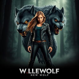 A dynamic movie poster featuring a fierce-looking girl standing confidently next to a large, aggressive black and grey werewolf
