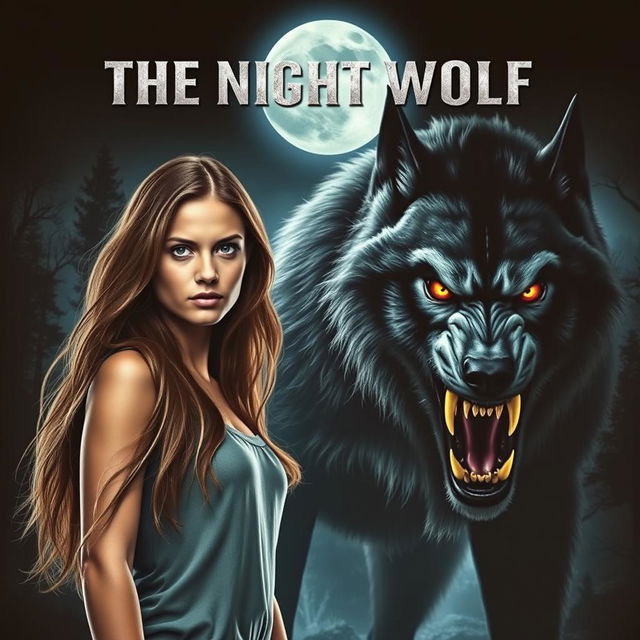 A cinematic movie poster featuring a young woman with long flowing hair, standing confidently beside a massive black and grey werewolf that appears aggressive and fierce