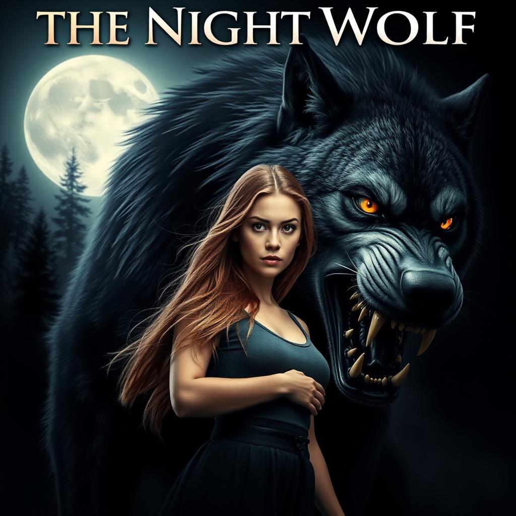 A cinematic movie poster featuring a young woman with long flowing hair, standing confidently beside a massive black and grey werewolf that appears aggressive and fierce