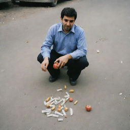 An Iranian individual standing, eating an apple in hand, stomping on scattered cigarettes beneath their feet.