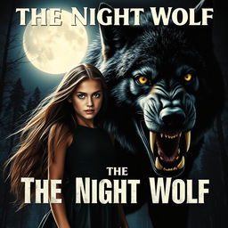 A cinematic movie poster featuring a young woman with long flowing hair, standing confidently beside a massive black and grey werewolf that appears aggressive and fierce