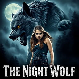 A dramatic movie poster featuring a fierce-looking teenage girl with striking features and long flowing hair, standing confidently beside a towering, aggressive werewolf