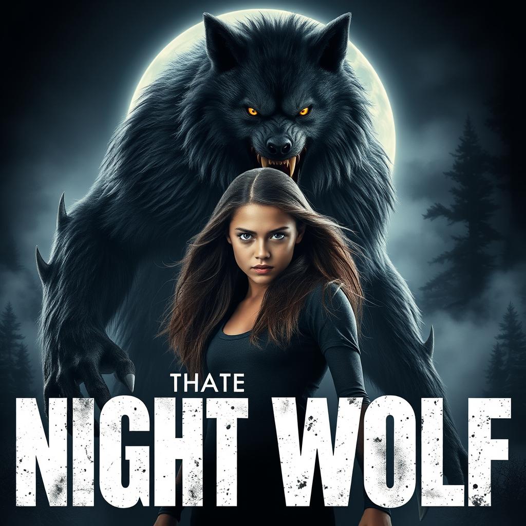 A dramatic movie poster featuring a fierce-looking teenage girl with striking features and long flowing hair, standing confidently beside a towering, aggressive werewolf