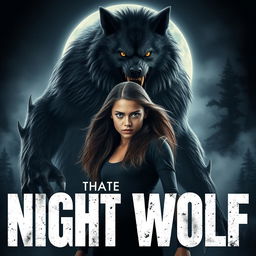 A dramatic movie poster featuring a fierce-looking teenage girl with striking features and long flowing hair, standing confidently beside a towering, aggressive werewolf