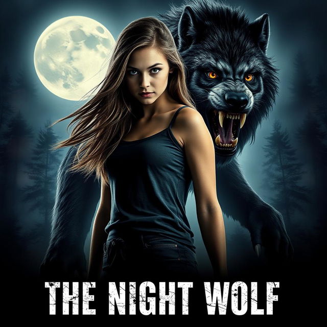 A dramatic movie poster featuring a fierce-looking teenage girl with striking features and long flowing hair, standing confidently beside a towering, aggressive werewolf