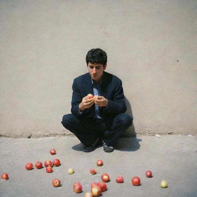 An Iranian teenager standing, eating an apple. Under his feet are littered cigarettes which he is stepping on.