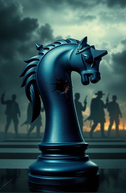 A knight chess piece in a striking midnight blue color with silver and black accents, tilted but steadfast, showcasing a bullet hole or crack through its form