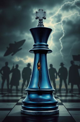A knight chess piece in a striking midnight blue color with silver and black accents, tilted but steadfast, showcasing a bullet hole or crack through its form