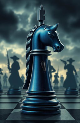 A knight chess piece in a striking midnight blue color with silver and black accents, tilted but steadfast, showcasing a bullet hole or crack through its form