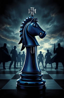 A knight chess piece in a striking midnight blue color with silver and black accents, tilted but steadfast, showcasing a bullet hole or crack through its form