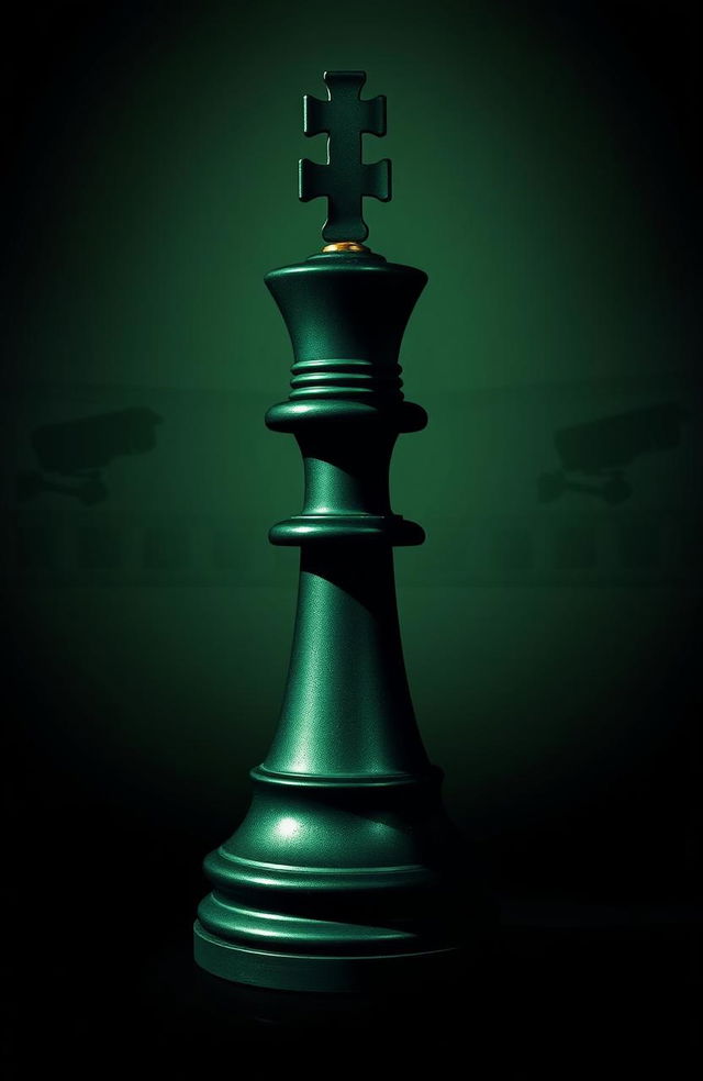 A striking cover design featuring a bishop chess piece in emerald green, adorned with black and gold accents, standing upright