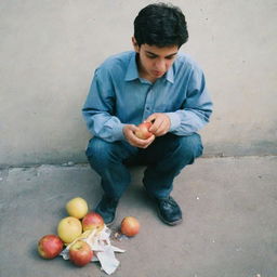 An Iranian teenager standing, eating an apple. Under his feet are littered cigarettes which he is stepping on.