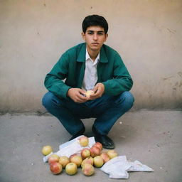 An Iranian teenager standing, eating an apple. Under his feet are littered cigarettes which he is stepping on.