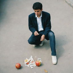 An Iranian teenager standing, eating an apple. Under his feet are littered cigarettes which he is stepping on.