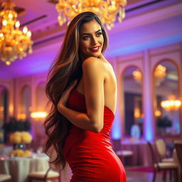 A stunning and glamorous woman with long flowing hair, wearing a form-fitting red dress that highlights her curves