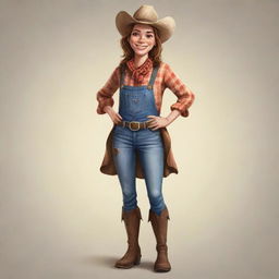 A full body illustration of an anthropomorphic cow girl with a friendly stance. She's wearing country attire and has a warm welcoming smile