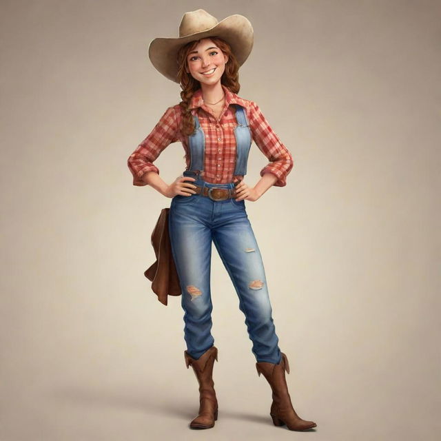 A full body illustration of an anthropomorphic cow girl with a friendly stance. She's wearing country attire and has a warm welcoming smile