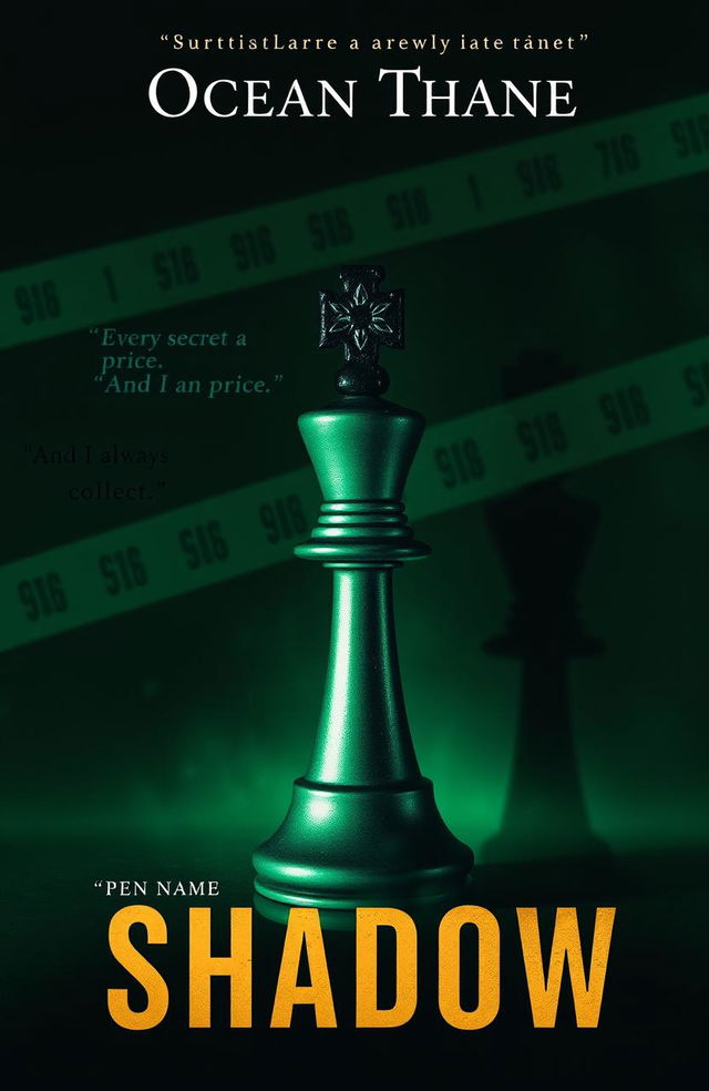 A visually striking book cover featuring a bishop chess piece standing upright in the foreground, rendered in emerald green with black and gold accents