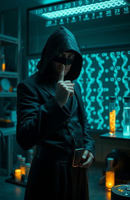 A mysterious bio pirate in a slick, all-black outfit with a hood casting shadows over his face, standing in a dimly lit laboratory