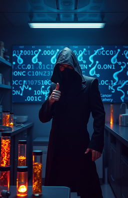A mysterious bio pirate in a slick, all-black outfit with a hood casting shadows over his face, standing in a dimly lit laboratory