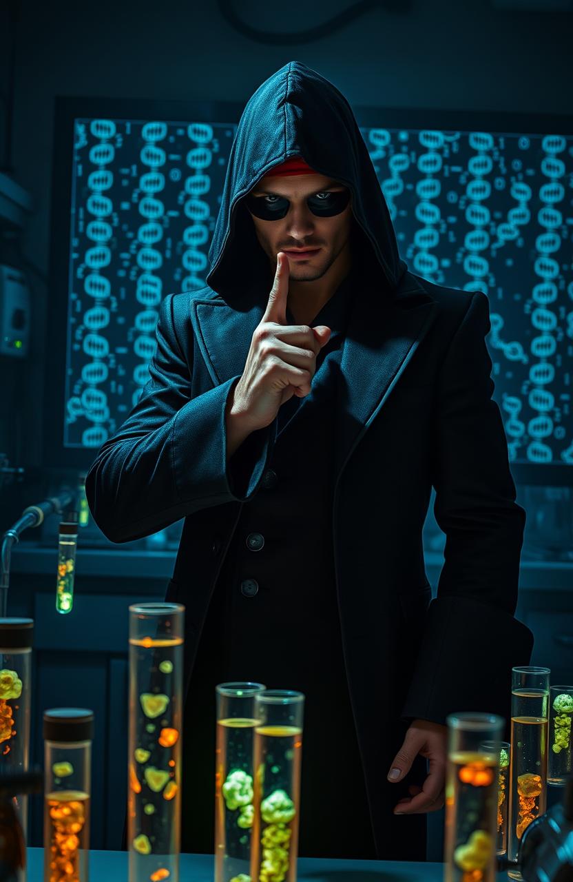 A mysterious bio pirate in a slick, all-black outfit with a hood casting shadows over his face, standing in a dimly lit laboratory