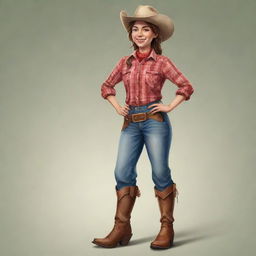 A full body illustration of an anthropomorphic cow girl with a friendly stance. She's wearing country attire and has a warm welcoming smile