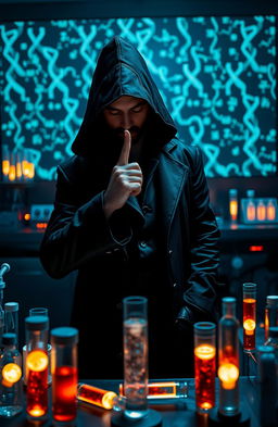 A mysterious bio pirate in a slick, all-black outfit with a hood casting shadows over his face, standing in a dimly lit laboratory