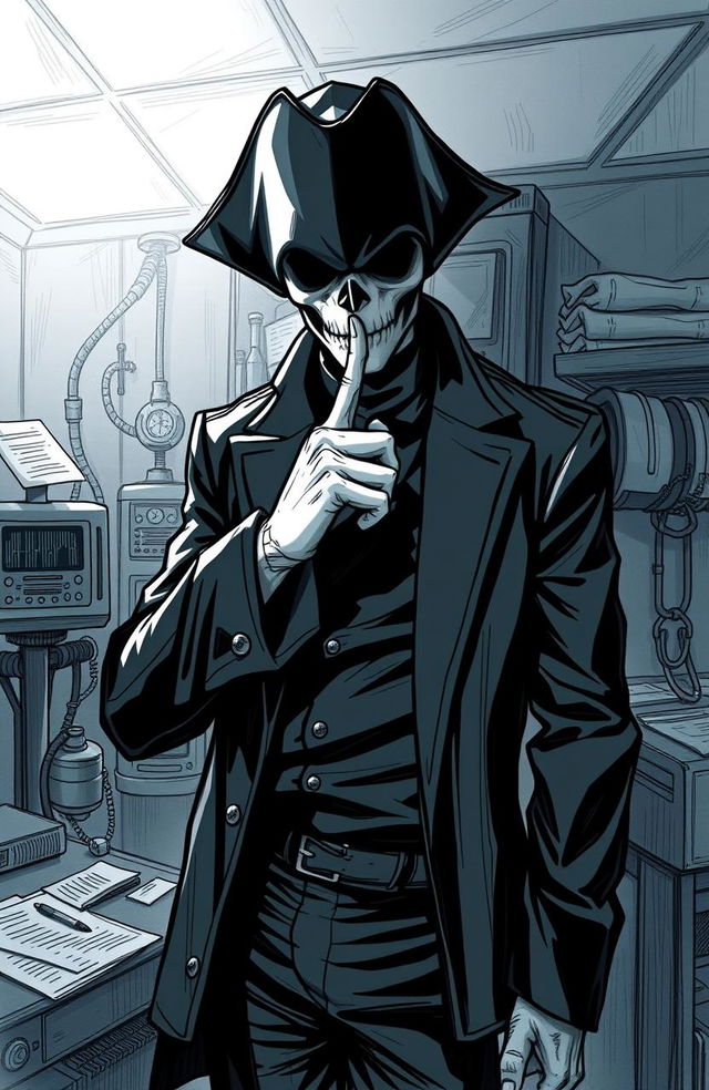 A mysterious bio pirate in a sleek black outfit, standing in a dimly lit laboratory, with an unseeable face