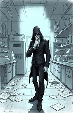 A mysterious bio pirate in a sleek black outfit, standing in a dimly lit laboratory, with an unseeable face