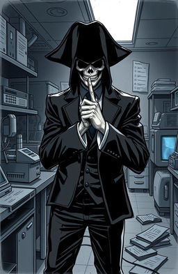 A mysterious bio pirate in a sleek black outfit, standing in a dimly lit laboratory, with an unseeable face