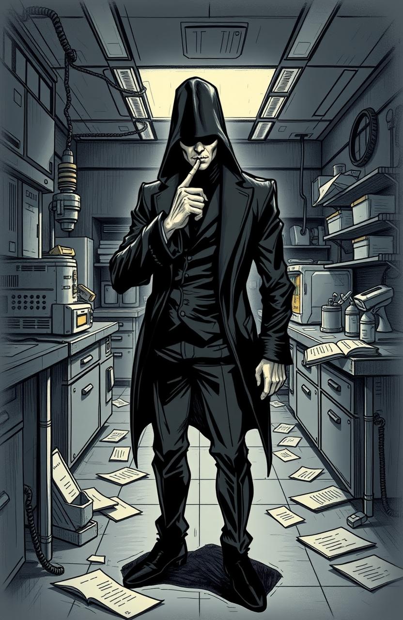 A mysterious bio pirate in a sleek black outfit, standing in a dimly lit laboratory, with an unseeable face