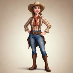 A full body illustration of an anthropomorphic cow girl with a friendly stance. She's wearing country attire and has a warm welcoming smile