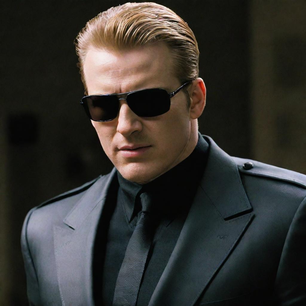 Chris Evans convincingly styled as Albert Wesker from Resident Evil. He possesses the same slicked back blonde hair, intimidating sunglasses, and iconic dark outfit, exuding a menace that matches Wesker's character in the game.