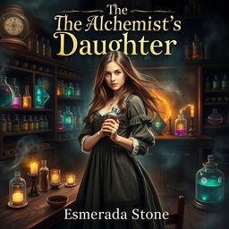 A book cover design for 'The Alchemist's Daughter' by Esmeralda Stone, featuring a mystical and enchanting historical fantasy theme