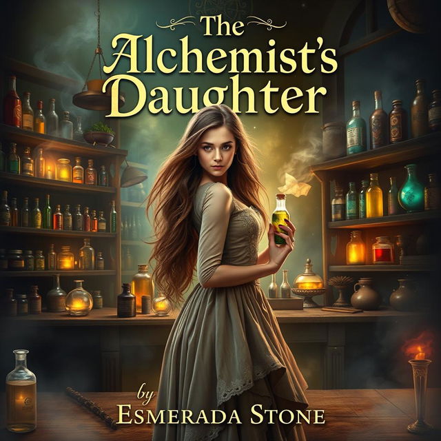 A book cover design for 'The Alchemist's Daughter' by Esmeralda Stone, featuring a mystical and enchanting historical fantasy theme