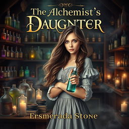 A book cover design for 'The Alchemist's Daughter' by Esmeralda Stone, featuring a mystical and enchanting historical fantasy theme