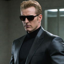 Chris Evans convincingly styled as Albert Wesker from Resident Evil. He possesses the same slicked back blonde hair, intimidating sunglasses, and iconic dark outfit, exuding a menace that matches Wesker's character in the game.